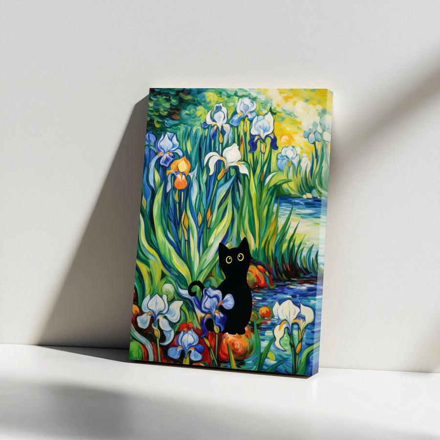 Black Cat and Irises Canvas Wall Art | Van Gogh Style Floral Painting | Premium Gallery Wrap Canvas | Gift for Cat Lover Home Decor