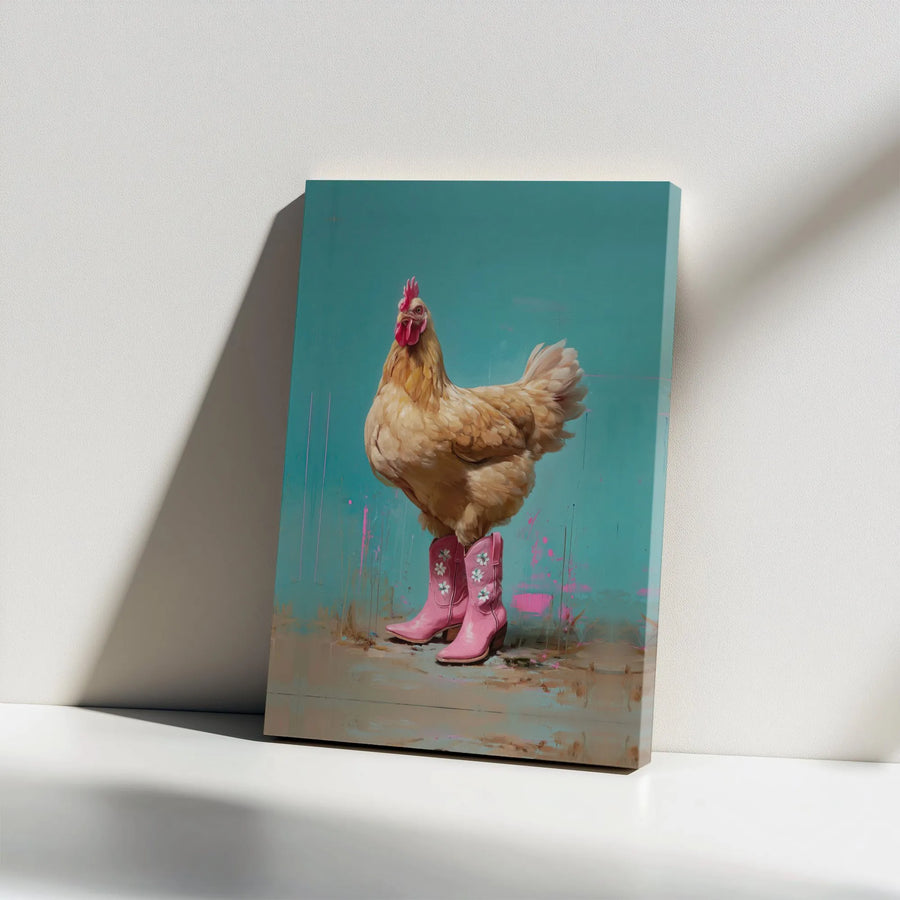 Chicken Wearing Pink Cowboy Boots Wall Art | Whimsical Farmhouse Canvas Print | Premium Gallery Wrap Decor | Farmhouse Kitchen Gift for Her
