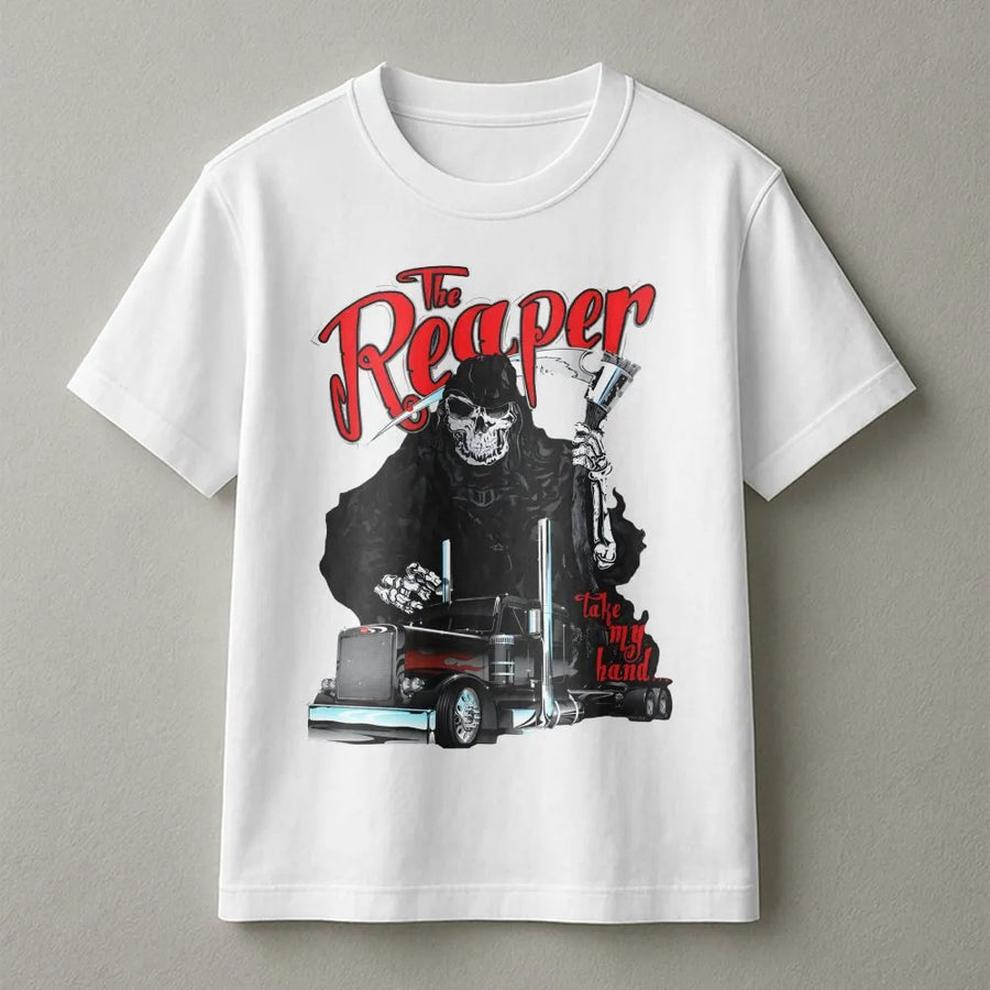 Grim Reaper Trucker T-Shirt | Semi Truck Skull Graphic Design | Premium Cotton Road Life Tee | Gift for Long Haul Driver Dad