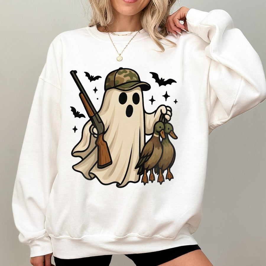 Funny Duck Hunter Ghost Sweatshirt | Halloween Hunting Camo Hat Graphic | Premium Cotton Blend | Gift For Hunters Outdoorsmen