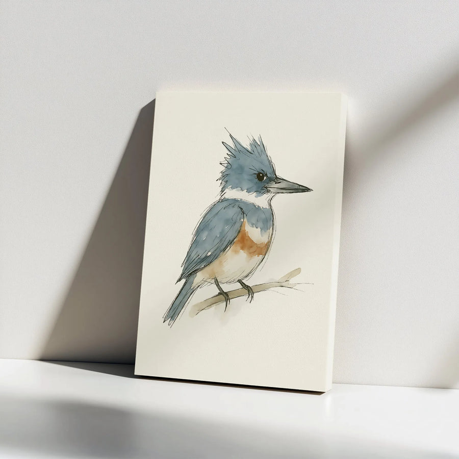 Belted Kingfisher Canvas Art | Watercolor Bird Sketch Wall Decor | Premium 1.25" Gallery Wrap | Nature Lover Gift & Office Decor