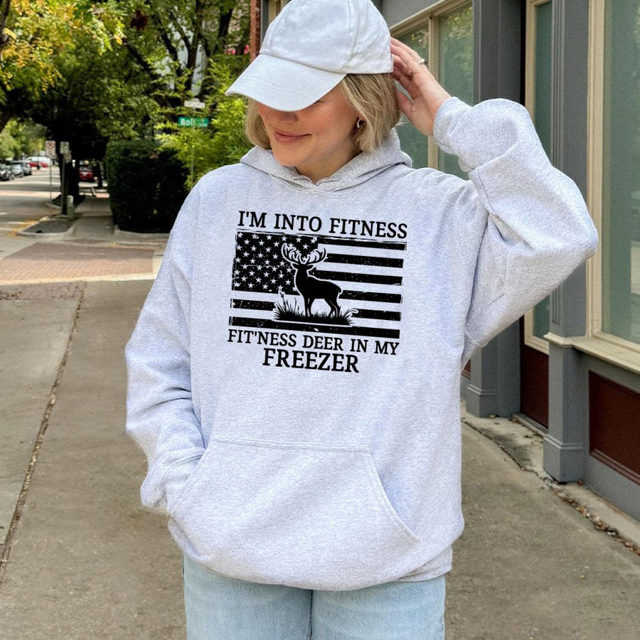 Funny Deer Hunting Hoodie | I'm Into Fitness Deer In My Freezer Graphic | Premium Cotton Blend Apparel | Unique Gift for Hunters & Outdoorsmen