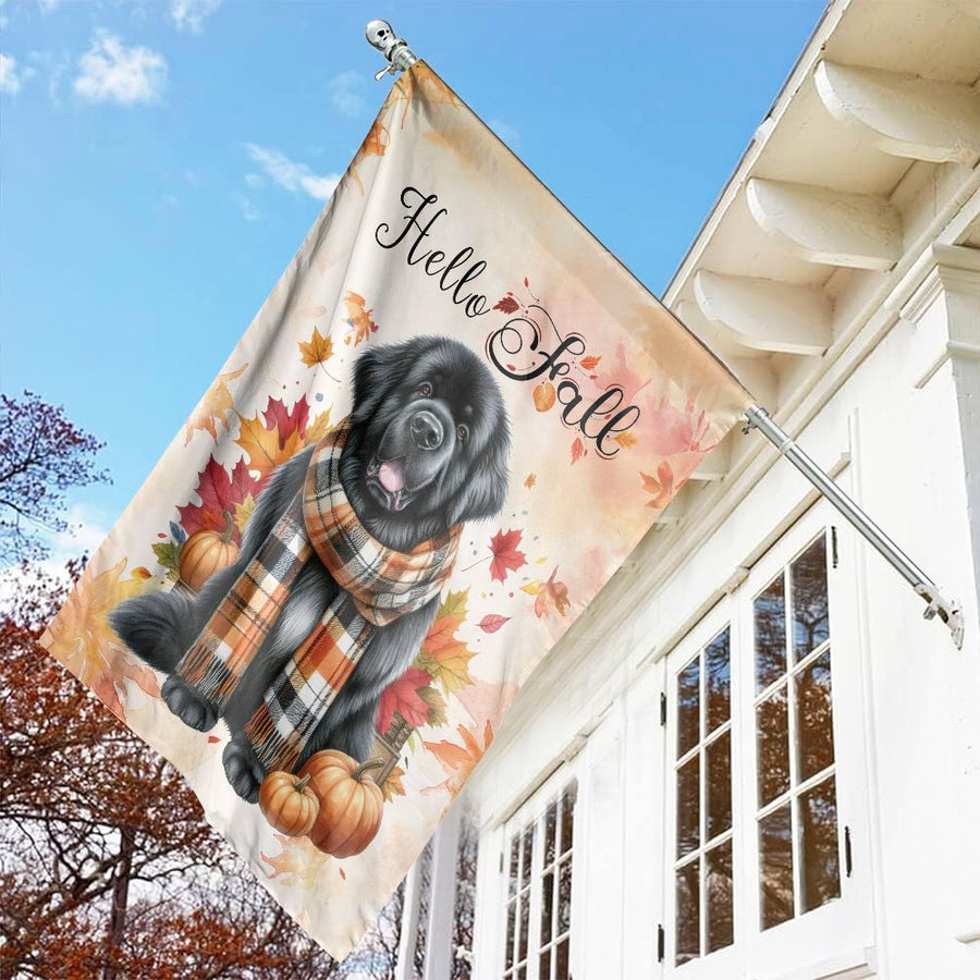 Newfoundland Dog Garden Flag | Hello Fall Plaid Scarf Autumn Pumpkin Design | Premium Weather-Resistant Polyester | Seasonal Outdoor Garden Decor Gift