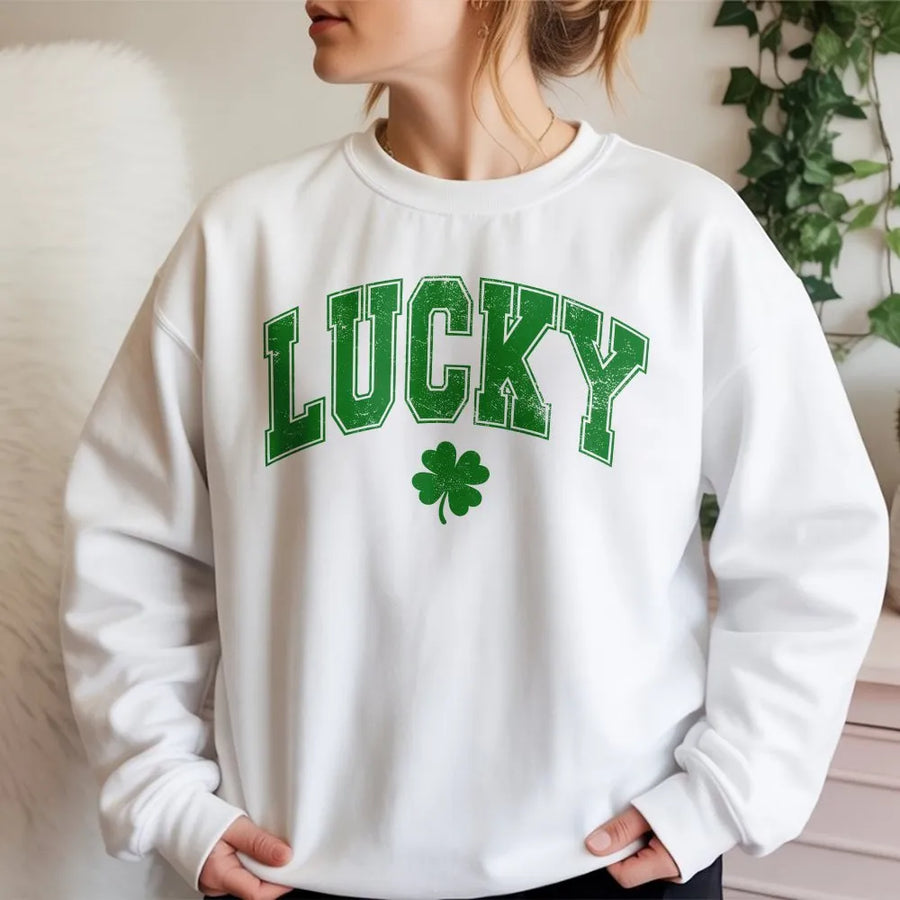 Lucky Shamrock Sweatshirt | Vintage Varsity Lettering Design | Premium Cotton Blend | St Patrick's Day Gift for Men and Women