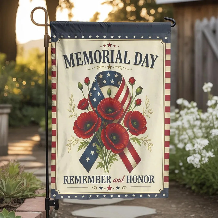 Memorial Day Garden Flag | Remember and Honor Patriotic Red Poppies Ribbon | Double Sided 2-Layer Weatherproof Polyester | Veterans Day Yard Decor Gift