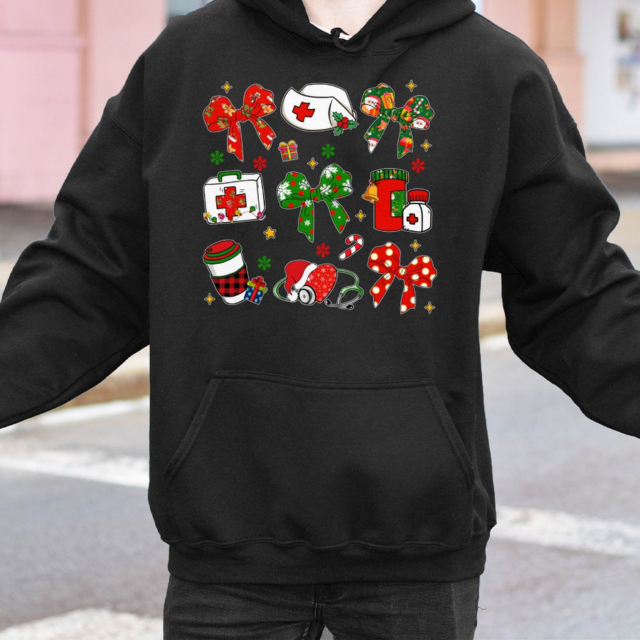 Nurse Christmas Hoodie | Coquette Bows Stethoscope Medical Design | Premium Cotton-Blend Pullover | Festive Healthcare Worker Holiday Gift