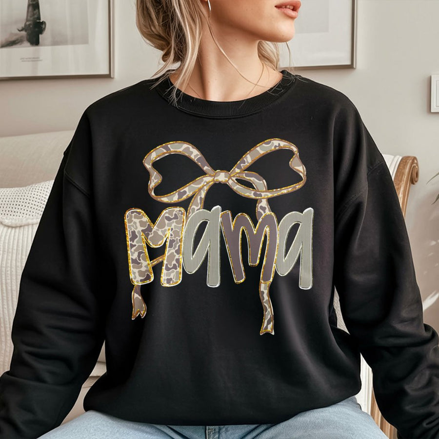 Mama Sweatshirt | Camo Bow Graphic Print | Premium Cotton Blend | Gift for Hunting Mom or Sports Fan
