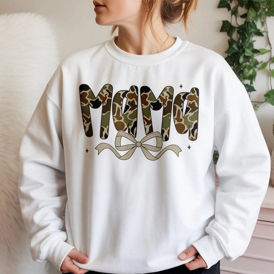 Mama Camo Sweatshirt | Preppy Coquette Bow Graphic Design | Premium Soft Unisex Pullover | Unique Mom Gift For Mother's Day 2026 Or Birthday