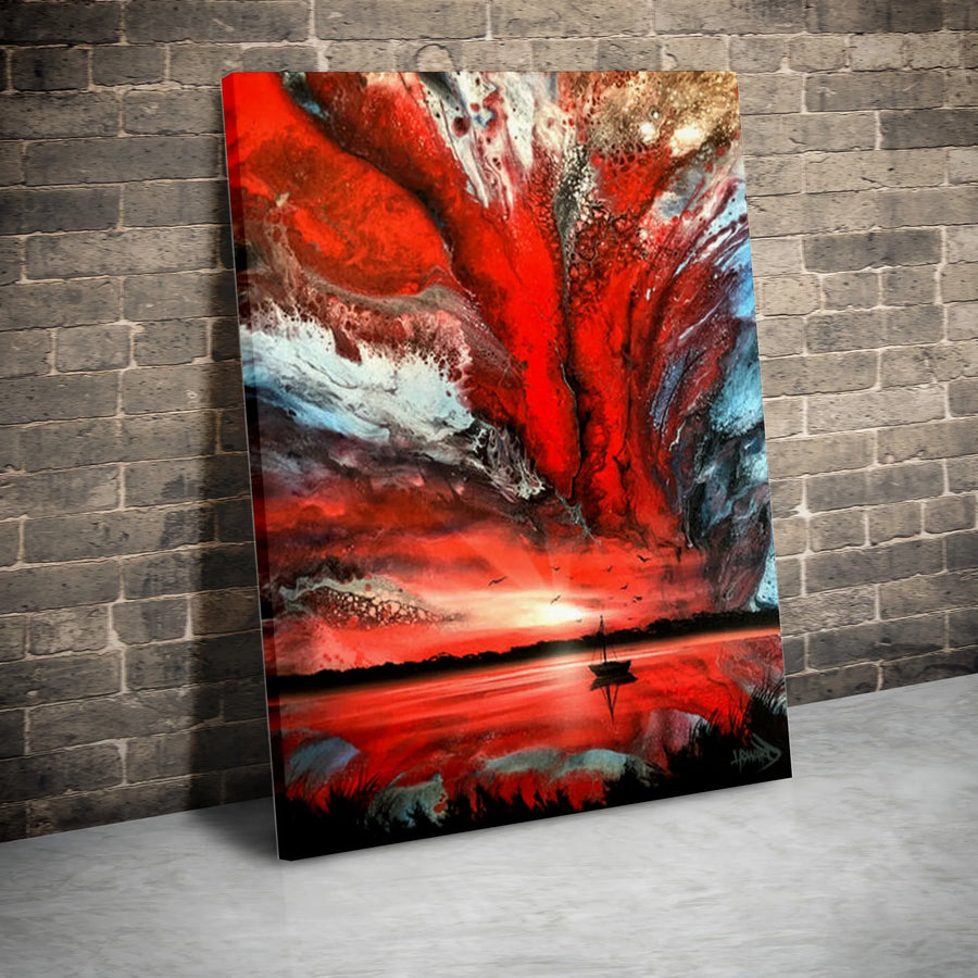 Red Sky Ocean Canvas Wall Art | Abstract Sailor's Warning Seascape Print | Premium Thick Gallery Wrap Canvas | Modern Living Room Decor Gift