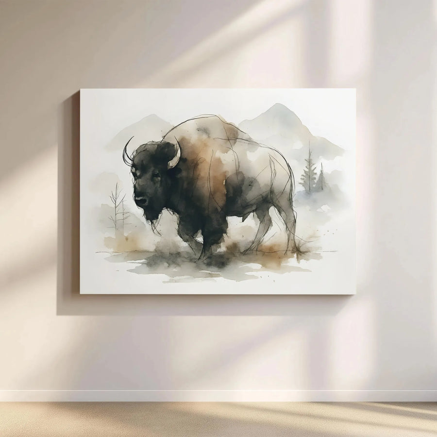 American Bison Canvas Wall Art | Watercolor Wildlife Mountain Landscape | 1.25 Inch Gallery Wrap | Rustic Lodge & Modern Home Decor