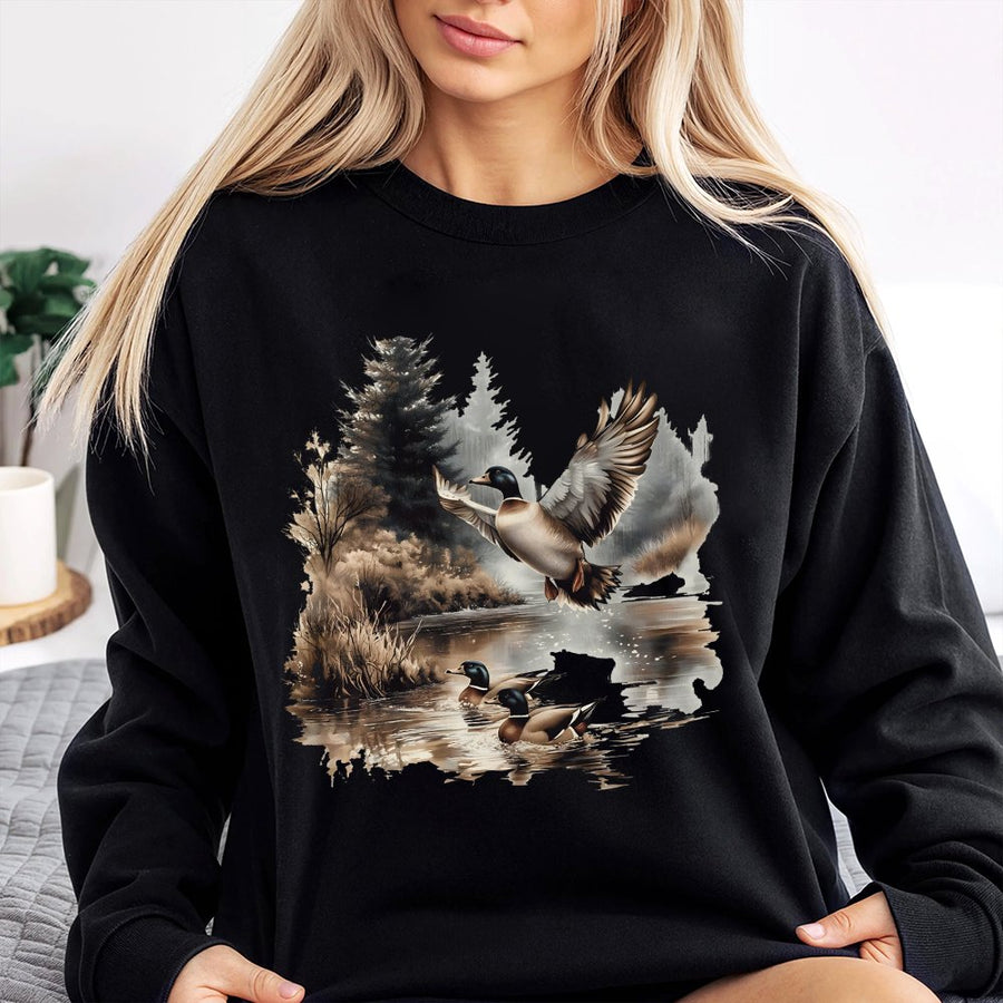 Mallard Duck Sweatshirt | Vintage Wildlife Forest Pond Scene | Premium Cotton Blend | Gift for Bird Watcher and Nature Lover
