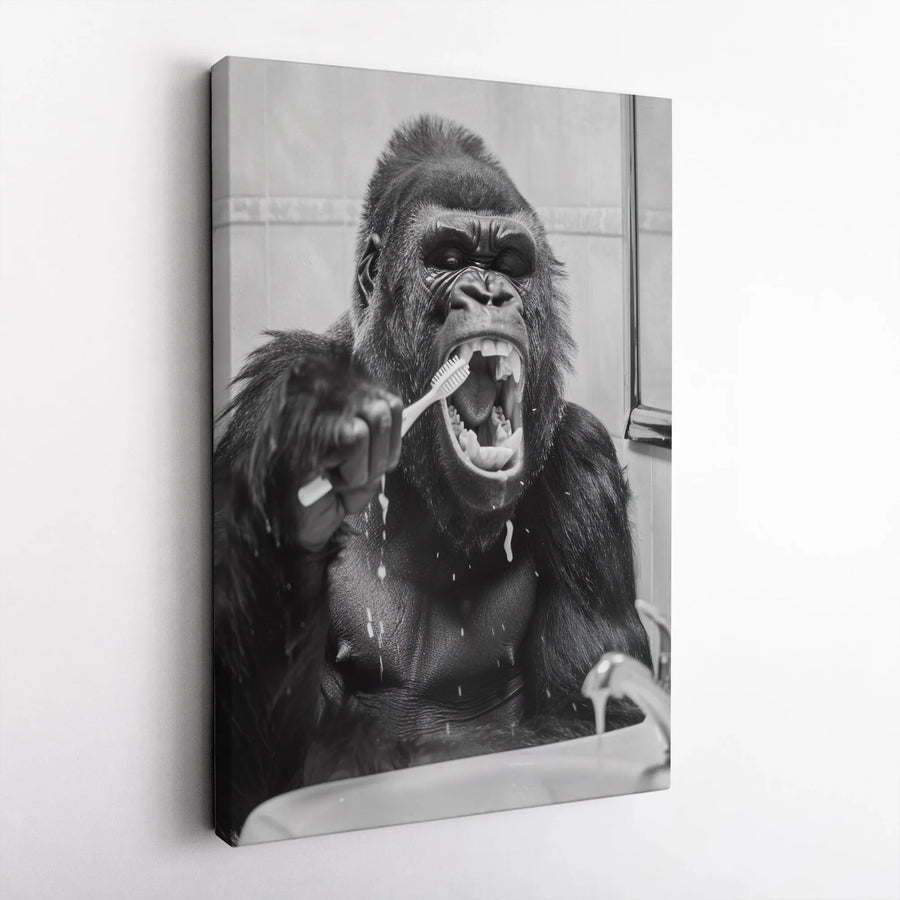 Gorilla Brushing Teeth Canvas Wall Art | Funny Bathroom Animal Photography | Gallery-Quality 1.25" Profile | Quirky Home & Office Decor Gift