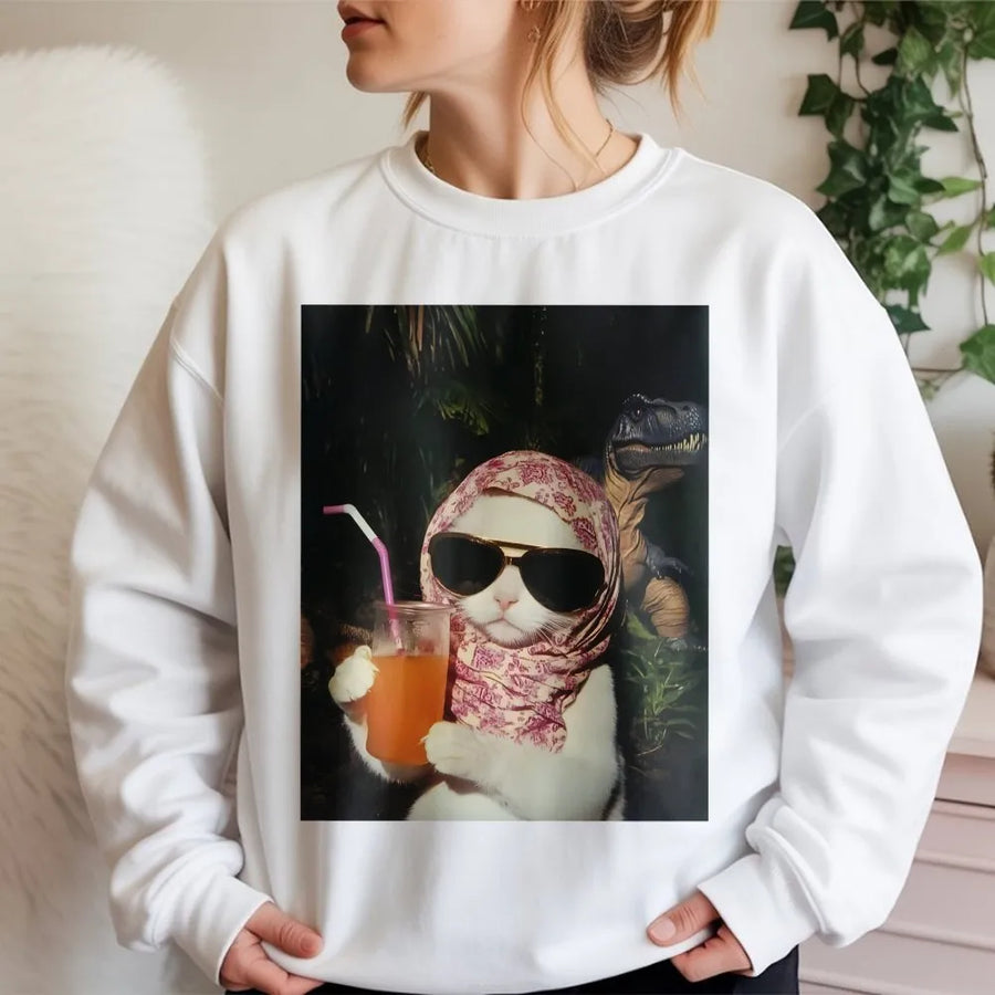 Chill Girl Cat Sweatshirt | Funny Dinosaur Meme Graphic Print | Premium Unisex Crewneck | Trendy Gift For Cat Lovers
