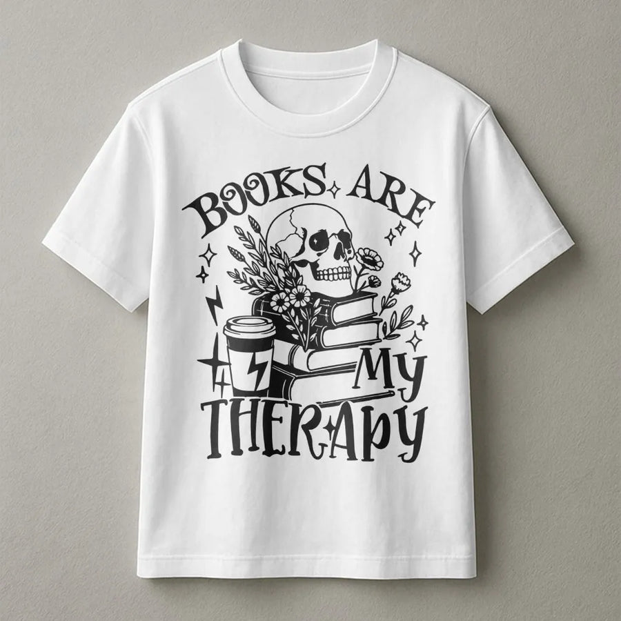 Books Are My Therapy T-Shirt | Dark Academia Skull Aesthetic Tee | Premium Cotton Bookworm Shirt | Gift For Readers And Librarians