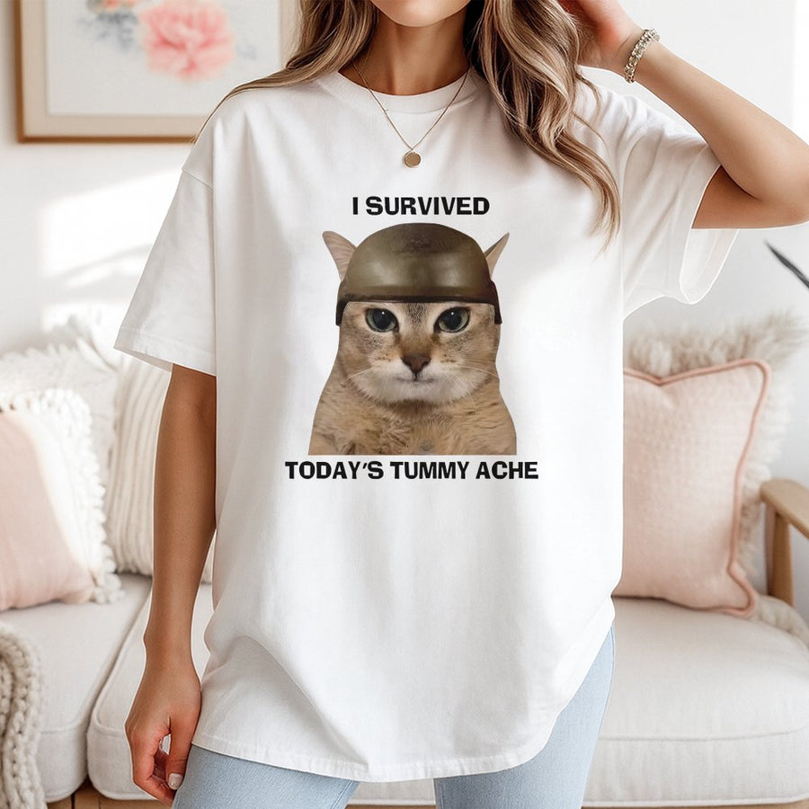 I Survived Today's Tummy Ache T-Shirt | Funny Soldier Cat Meme Graphic | Soft 100% Cotton Premium Tee | Retro Y2K Humor Gift for Cat Lovers