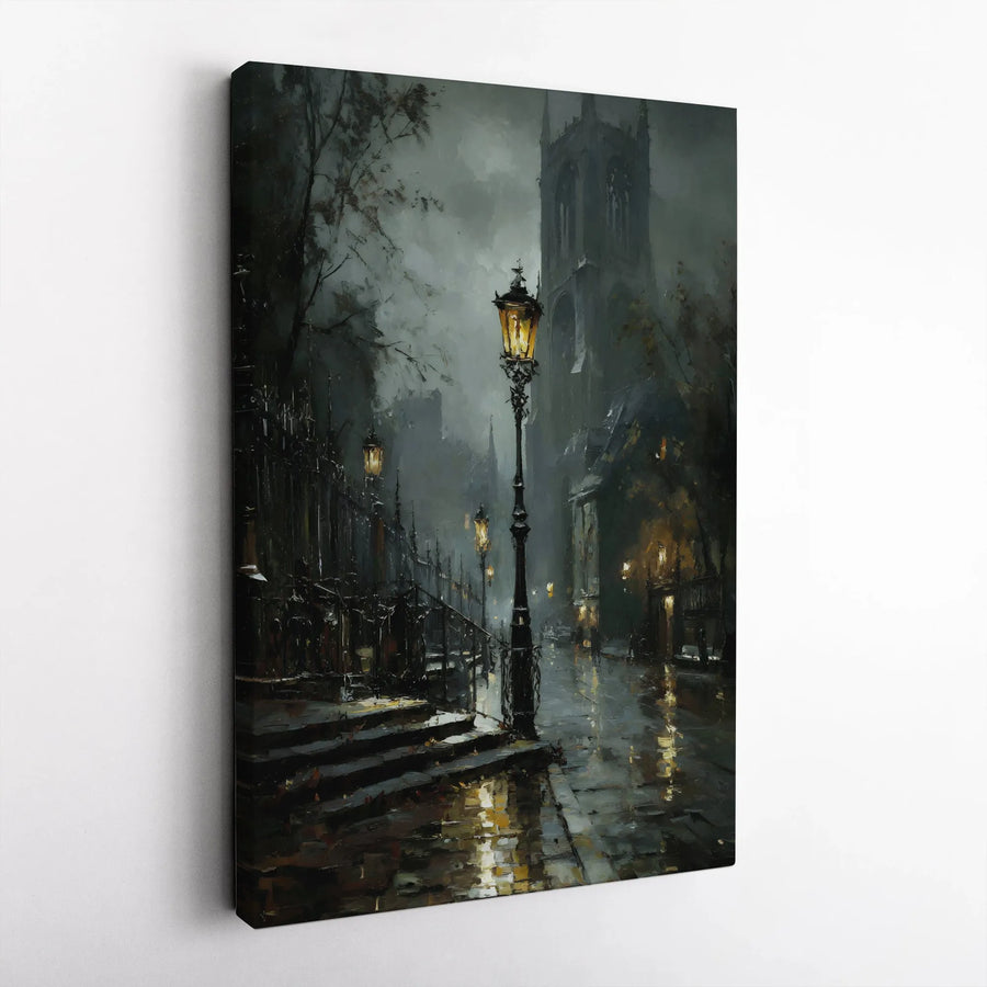 Gothic Cityscape Canvas Print | Moody Rainy Street Lamp Wall Art | Premium Gallery-Wrapped Decor | Dark Academia Gift for Home Office