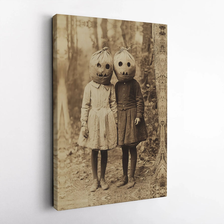 Vintage Halloween Wall Art | Creepy Pumpkin Mask Children Photography | Premium Gallery-Wrapped Canvas | Gothic Home Decor Gift