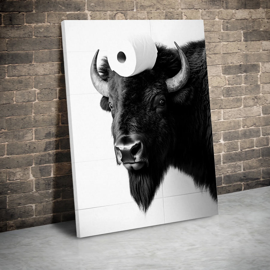 Funny Bison Canvas Wall Art | Black and White Buffalo with Toilet Paper | Premium Gallery Wrap | Unique Bathroom Decor Gift