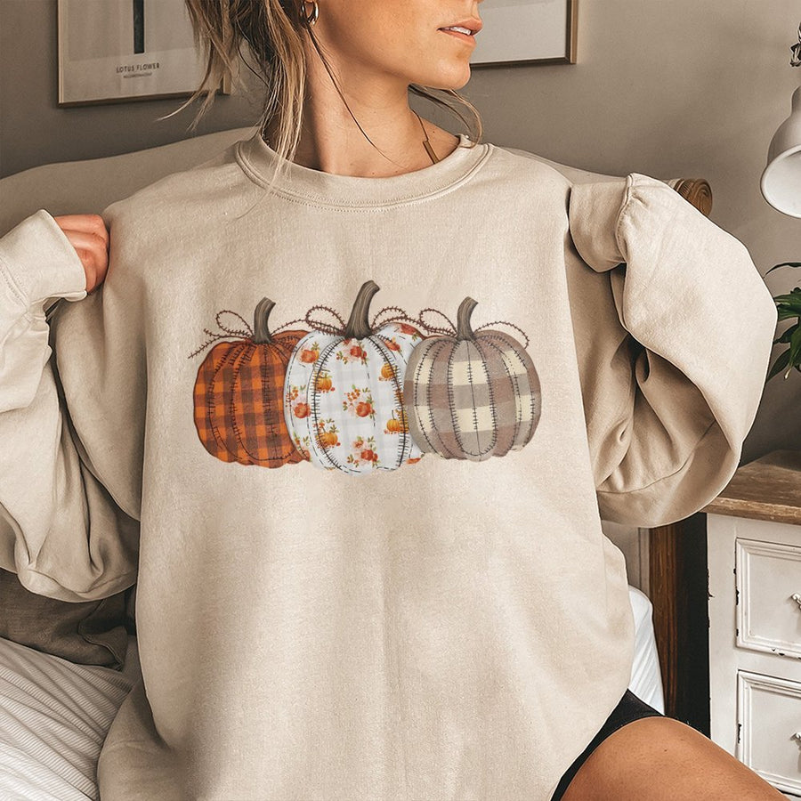 Pumpkin Patchwork Sweatshirt | Fall Plaid Floral Graphic Design | Premium Cotton Blend Crewneck | Cozy Thanksgiving Autumn Gift for Women