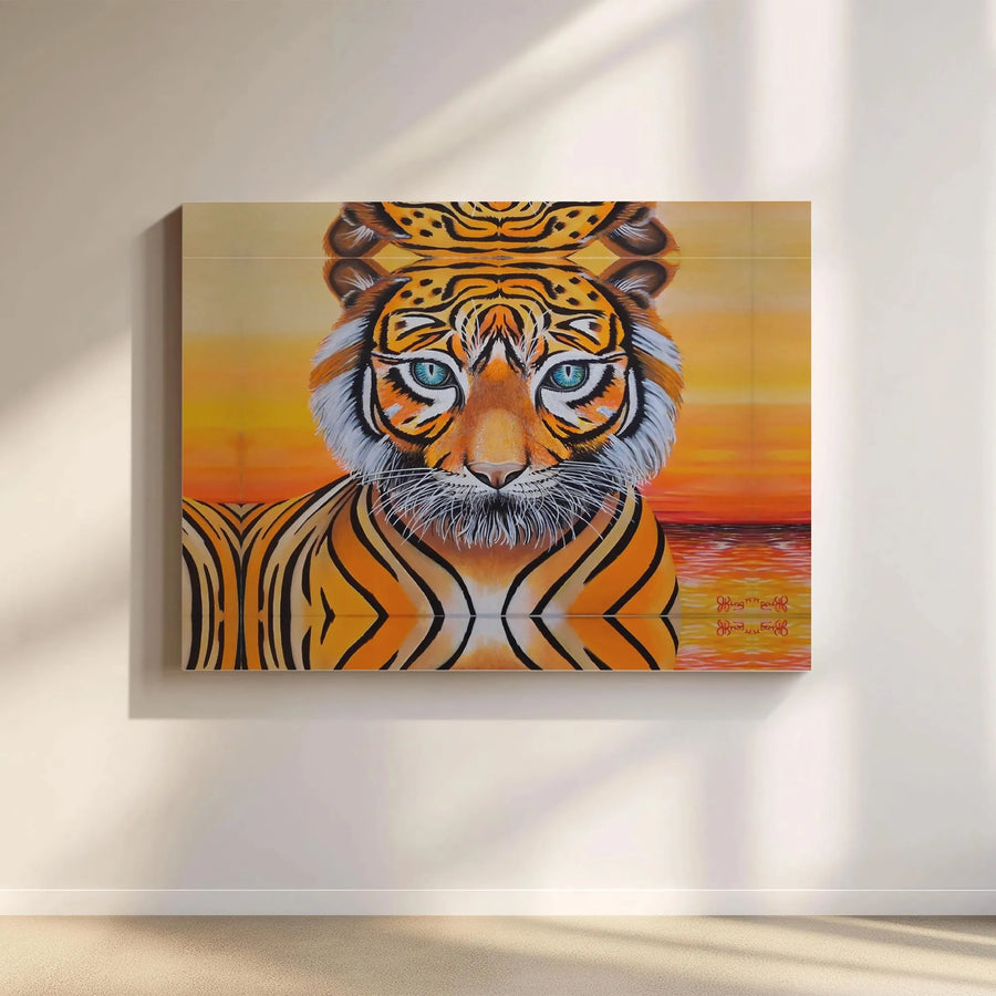 Tiger Canvas Wall Art | Blue Eyed Tiger with Sunset Reflection | Premium Gallery Wrapped Canvas | Wildlife Home Decor Gift for Animal Lovers