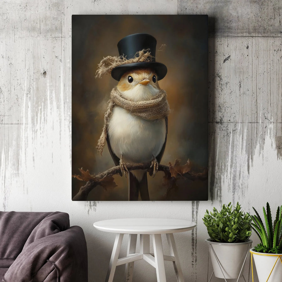Whimsical Bird Wall Art | Dapper Robin in Top Hat and Scarf | Premium Gallery Wrapped Canvas | Cute Cottagecore Home Decor Gift