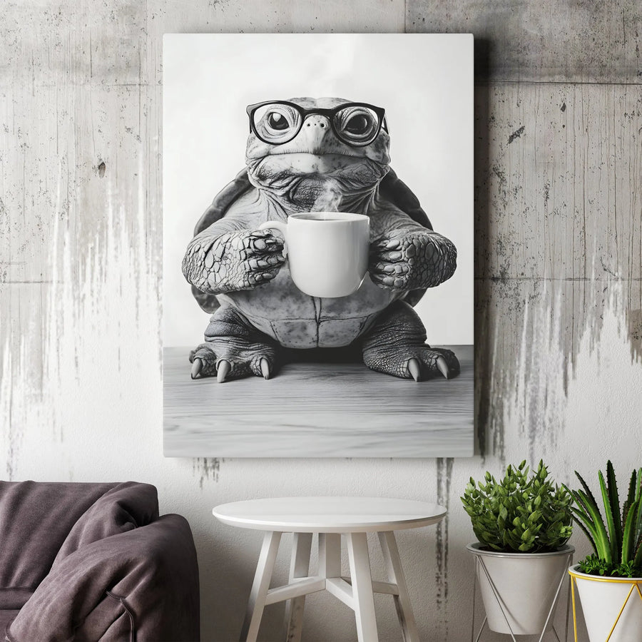 Tortoise With Glasses Canvas Print | Whimsical Animal Drinking Coffee Wall Art | Premium 1.25" Gallery Wrap | Unique Office & Home Decor Gift