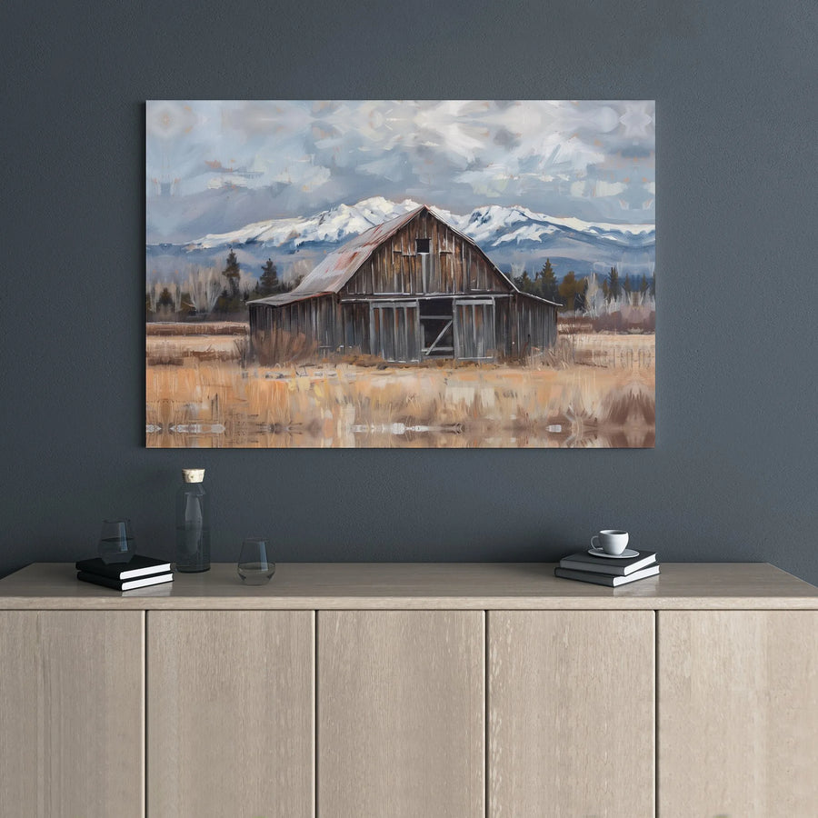 Rustic Barn Canvas Print | Snow Capped Mountains Landscape Art | Gallery Wrapped Premium Wall Decor | Farmhouse Living Room Artwork