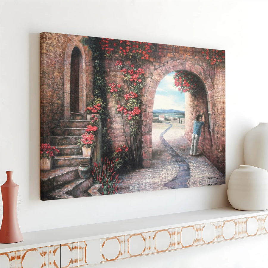 Tuscan Courtyard Canvas Print | Mediterranean Stone Archway Wall Art | Gallery Wrap Premium Home Decor | Romantic Landscape Painting for Living Room