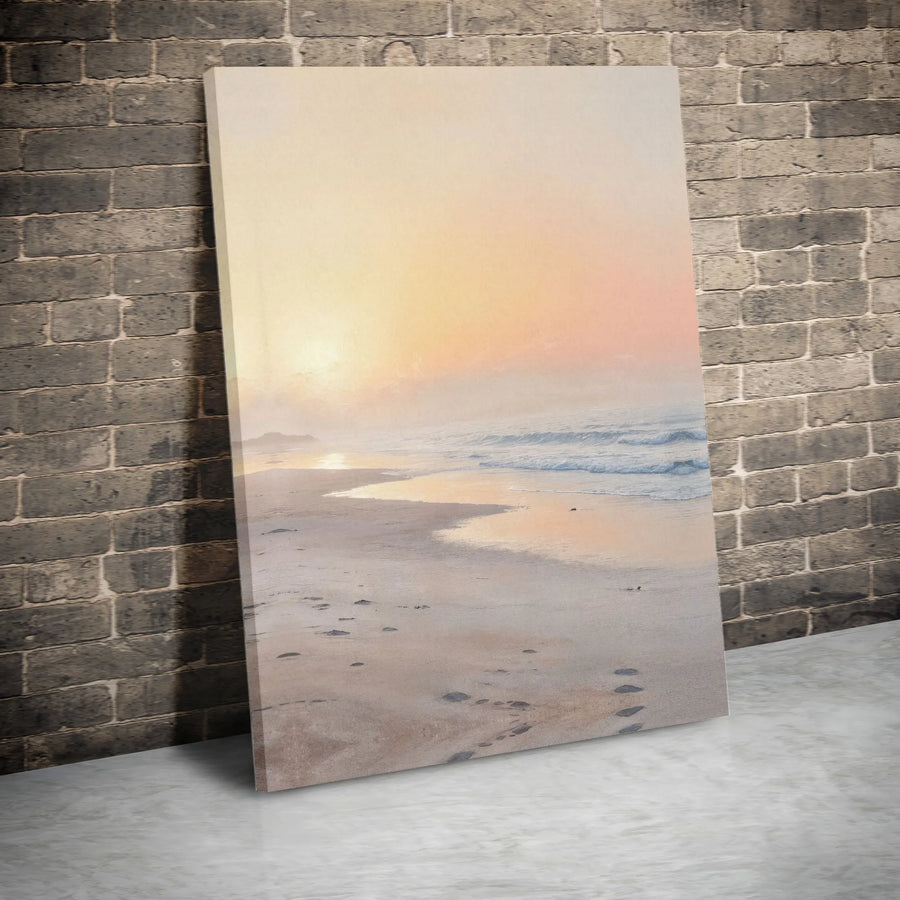 Serene Beach Canvas Wall Art | Misty Sunrise Ocean Scene | Premium Gallery-Wrapped Canvas | Coastal Home Decor Gift