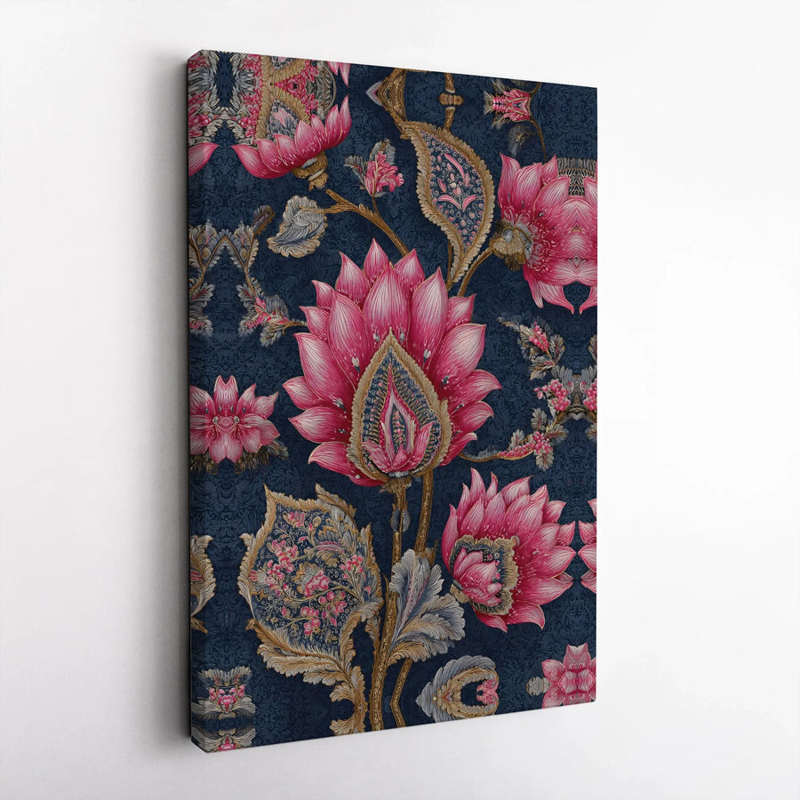 Indian Lotus Floral Canvas Print | Vintage Jacobean Paisley Art | Premium Gallery Wrapped Wall Decor | Elegant Botanical Gift for Home