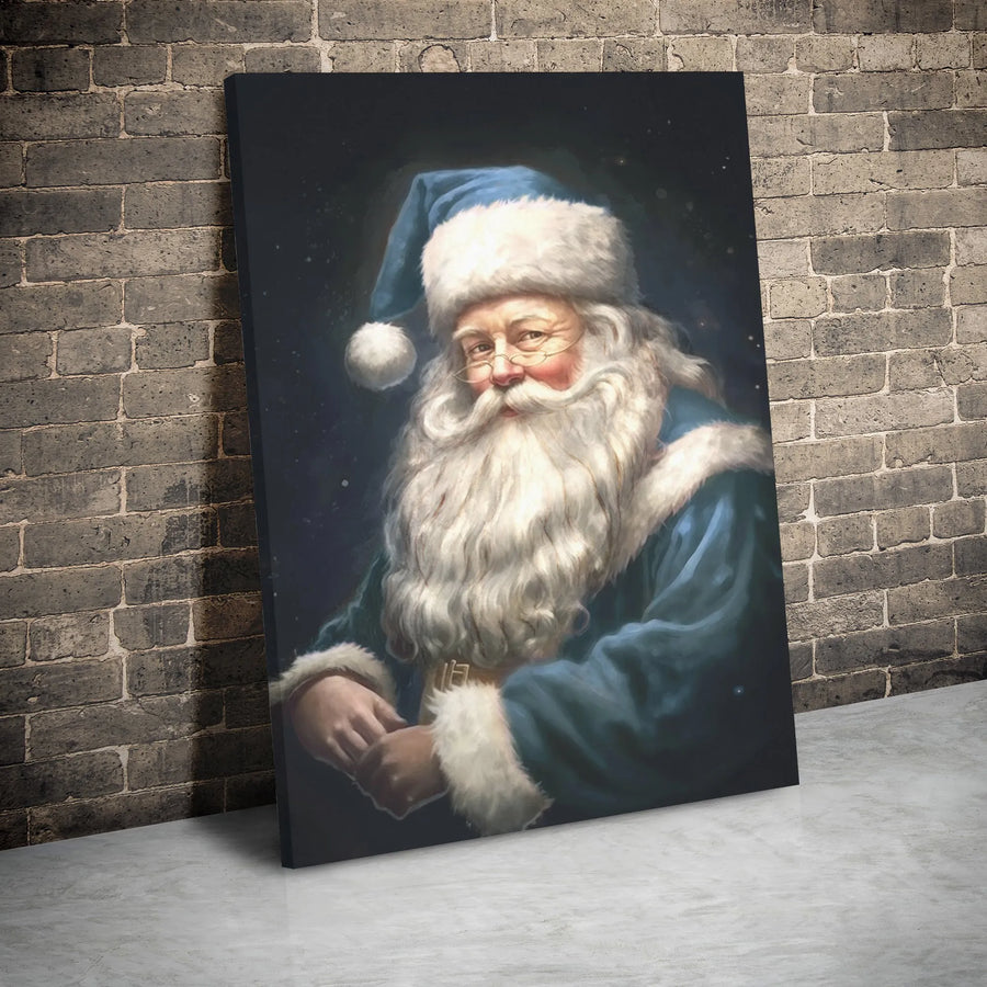Blue Santa Claus Canvas Wall Art | Vintage Portrait Winter Decor | Premium Gallery Wrap Print | Festive Christmas Gift for Home Office
