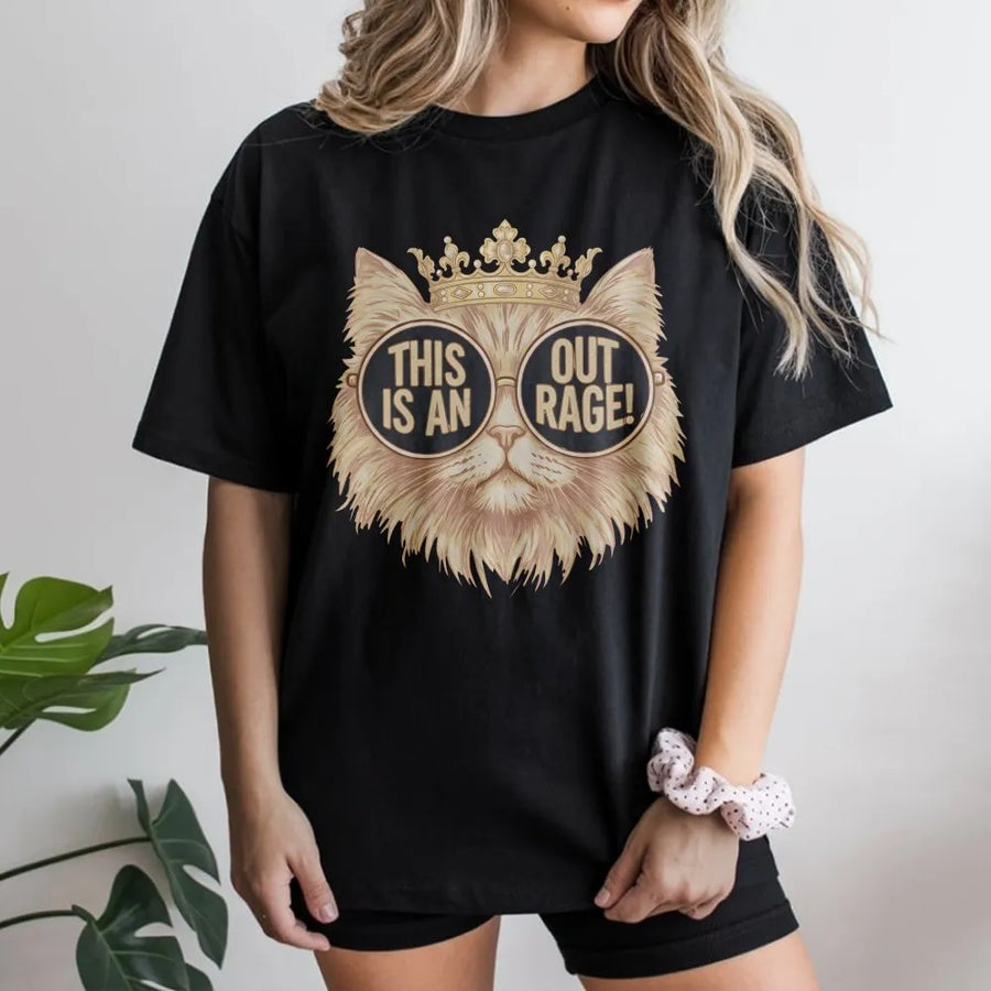 Cat Graphic T-Shirt | This Is An Outrage Funny Quote | 100% Cotton Premium Tee | Unique Gift for Book Readers and Fantasy Fans