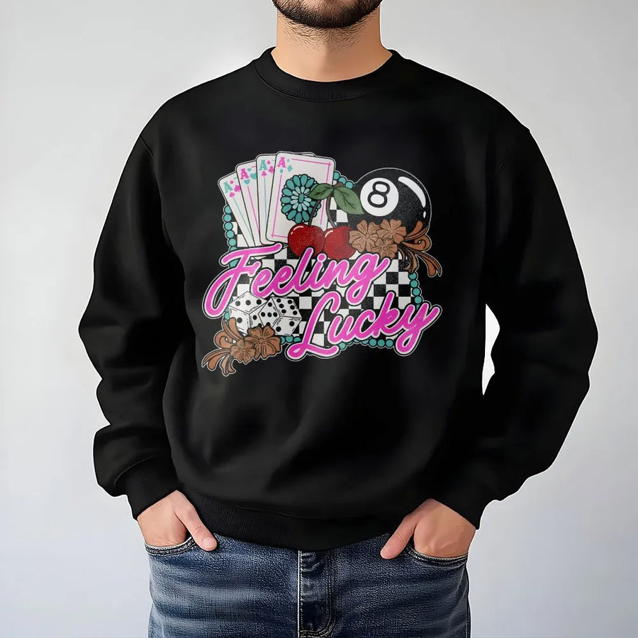 Feeling Lucky Western Sweatshirt | Retro Checkered Casino Graphic | Premium Cotton Blend | Vintage Cowgirl Rodeo Gift