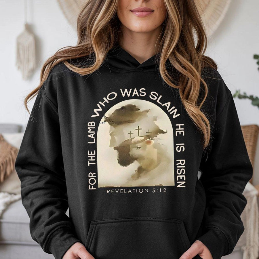 Lamb Who Was Slain Hoodie | Revelation 5:12 Bible Verse Graphic | Premium Cotton Blend | Christian Religious Faith Gift for Men and Women