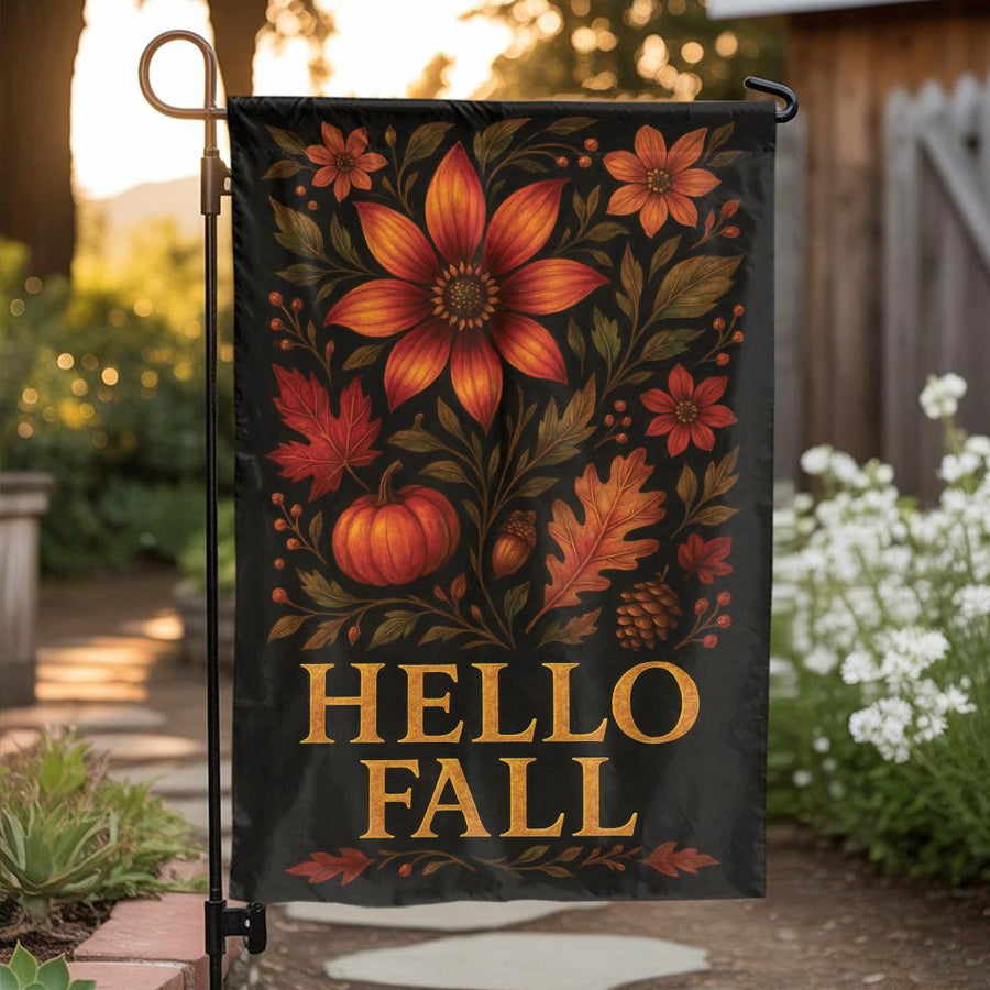 Hello Fall Garden Flag | Botanical Autumn Pumpkin Yard Decor | Premium Weather-Resistant Polyester | Seasonal Outdoor Home Welcome Sign