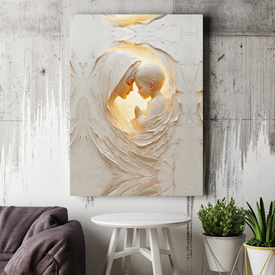 Virgin Mary And Child Jesus Canvas Wall Art | Textured Spiritual Religious Print | 1.25 Inch Gallery Wrap | Premium Christian Home Decor Gift
