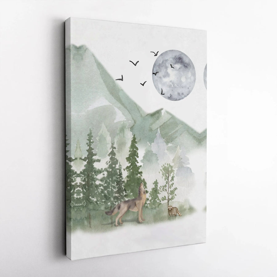 Wolf Howling At Moon Canvas Art | Watercolor Forest Mountain Landscape | Gallery Wrap Premium Wall Decor | Nature Lover Gift Idea