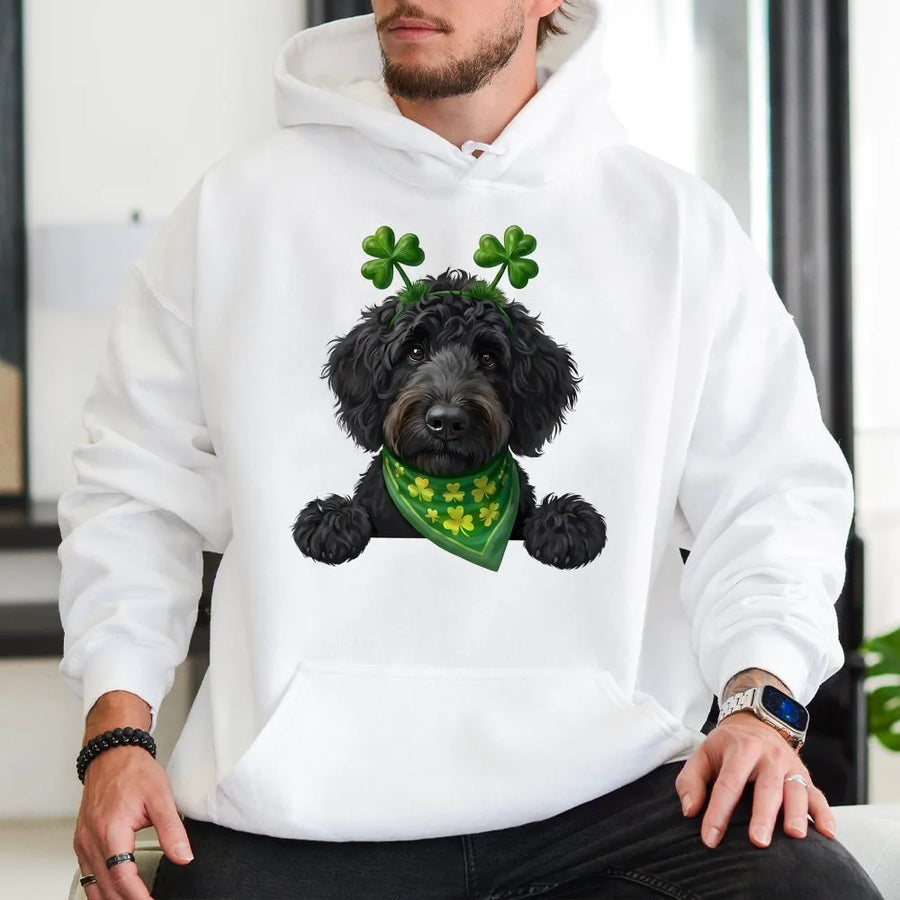 St. Patrick’s Day Dog Hoodie | Cute Doodle Shamrock Puppy Graphic | Premium Cotton Blend Unisex Sweatshirt | Irish Pet Lover Gift