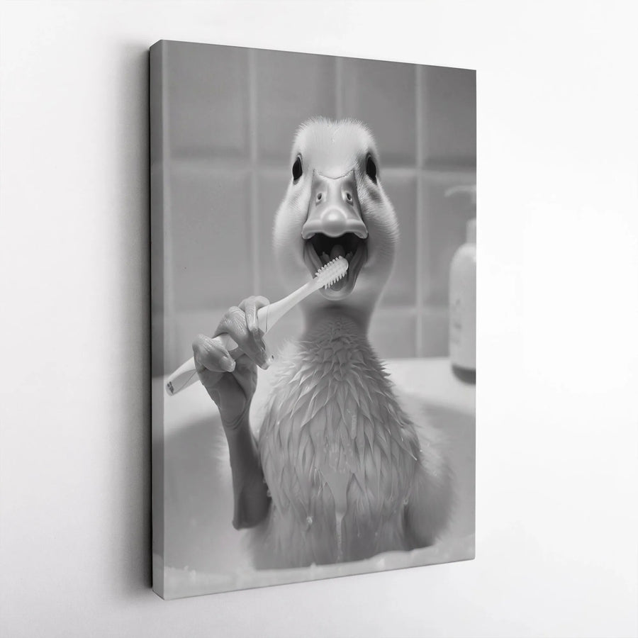 Funny Duck Brushing Teeth Vertical Canvas | Humorous Black and White Animal Art | Premium Gallery Print | Quirky Bathroom Decor Gift
