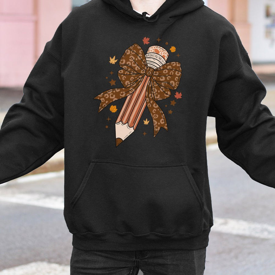 Teacher Fall Hoodie | Leopard Print Pencil Bow Graphic | Soft Cotton-Blend | Coquette Aesthetic Autumn Gift for Teachers