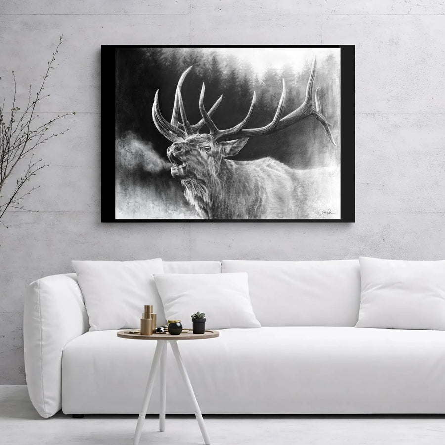 Bugling Bull Elk Canvas Art | Realistic Charcoal Forest Wildlife Print | Premium Gallery Wrap Wall Decor | Masculine Lodge & Cabin Gift