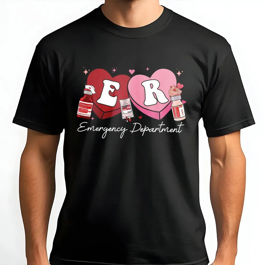 ER Candy Heart T-Shirt | Medical Valentine Graphic Tee | Soft Cotton Nurse Gift | Emergency Department Crewneck Apparel