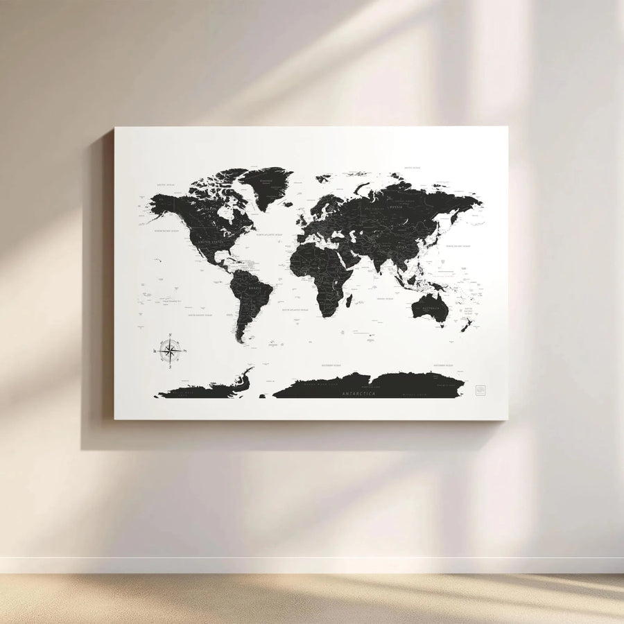 Black and White World Map Canvas Art | Modern Minimalist Geographic Print | Premium Fade-Resistant Gallery Wrap | Large Wall Decor for Office or Home