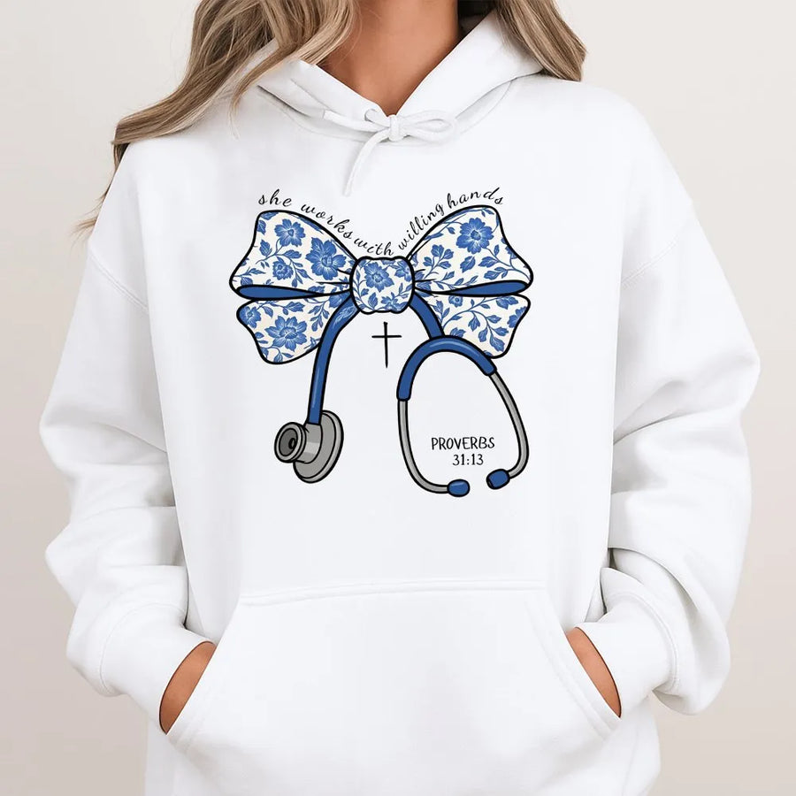 Christian Nurse Hoodie | Proverbs 31 She Works With Willing Hands | Soft Cotton Faith Top | Nurse Appreciation Week Gift for Her