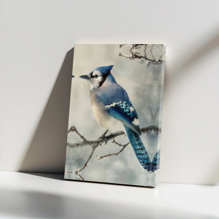 Blue Jay Canvas Wall Art | Vintage Winter Bird Painting on Snowy Branch | Premium Fade-Resistant Print | Nature Lover Collector's Gift