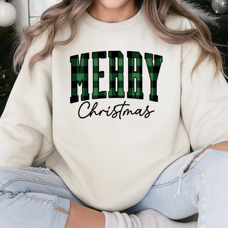 Merry Christmas Sweatshirt | Green Buffalo Plaid Lettering | Cotton-Blend Premium Quality | Holiday Gift for Women and Men