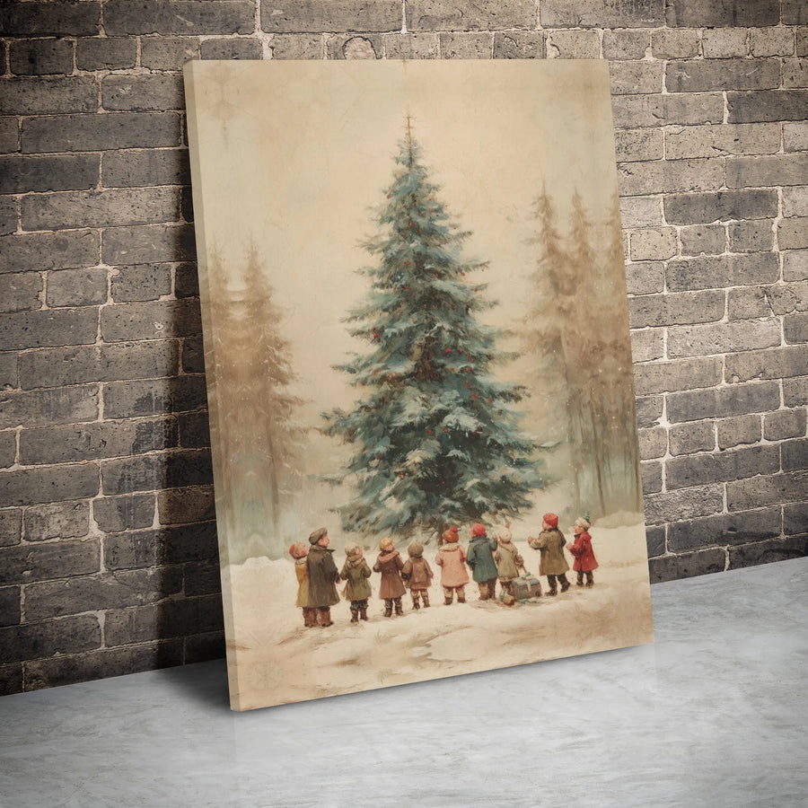Vintage Christmas Tree Canvas Wall Art | Nostalgic Winter Forest Scene | Premium Gallery Wrap Print | Holiday Home Decor Gift For Families