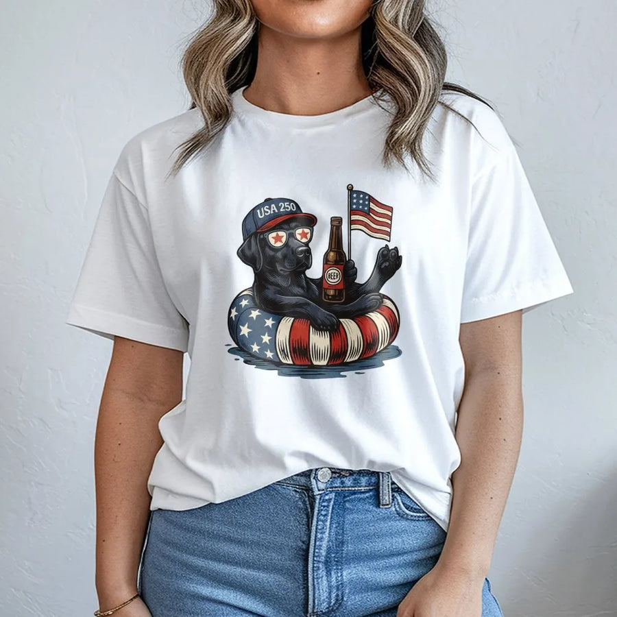 USA 250th Anniversary Dog T-Shirt | Funny Patriotic Black Lab with American Flag | Soft Cotton Blend | Independence Day Gift for Dog Lovers