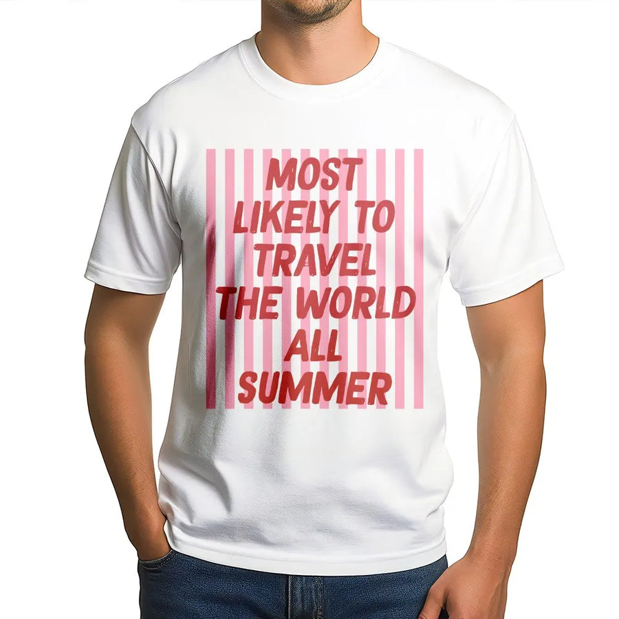 Most Likely To Travel T-Shirt | Funny Summer Vacation Graphic Sweatshirt | Cozy Cotton Blend | Gift for World Traveler, Matching Group Trip Outfit