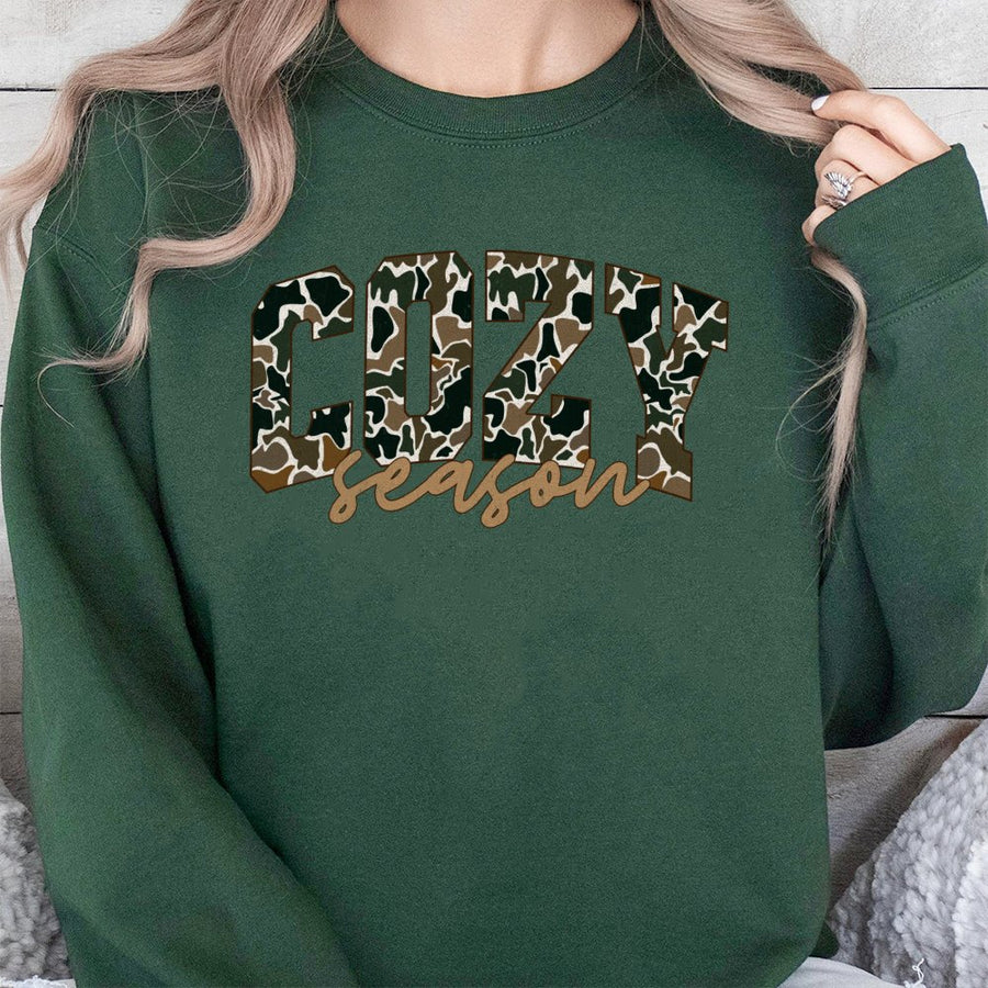 Cozy Season Sweatshirt | Camo Varsity Letter Graphic | Premium Cotton Blend | Fall Winter Aesthetic Gift For Her